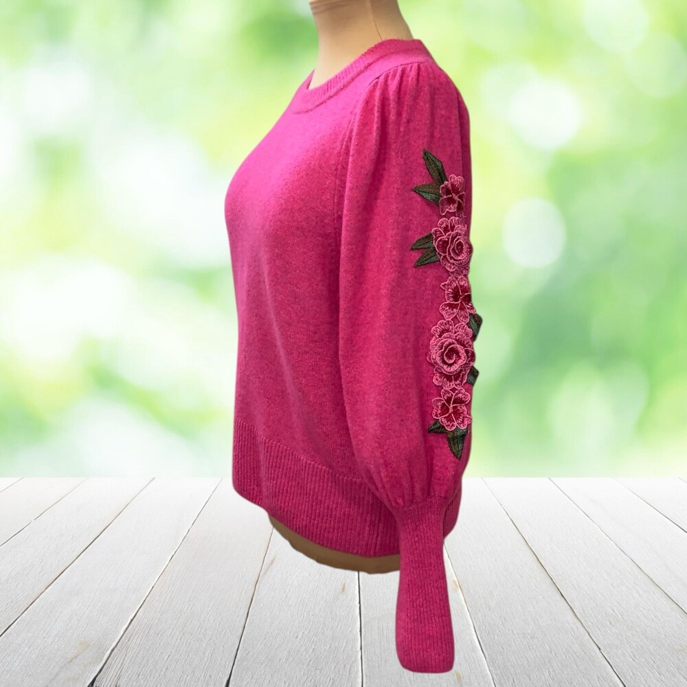 CECE 3D Floral Applique Sweater Balloon Sleeve Coquette Fuchsia Size S